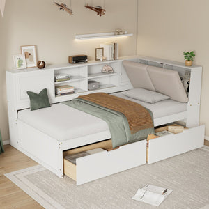 English Elm Wooden Twin L-shaped Corner Bed Pine Frame Bookcase Storage Usb Charging Ports BS701P337660K