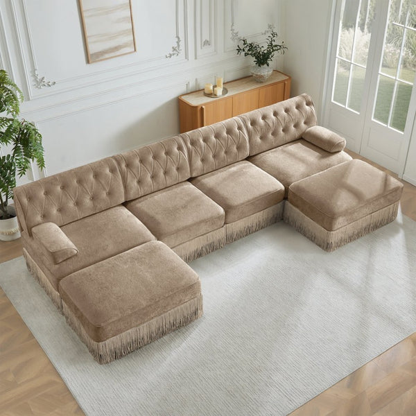 English Elm 4-seater Modular Sectional with Ottomans Tufted Fleece Sofa Tassel Skirt Retro Luxe Camel W714S01701