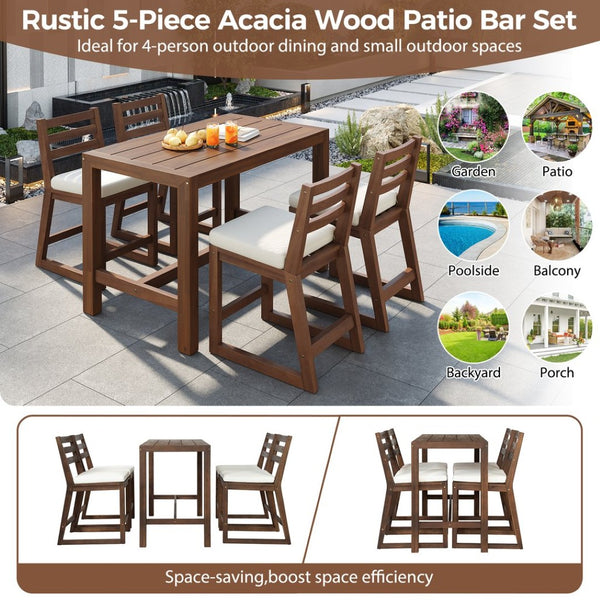 English Elm Trexm Solid Acacia Outdoor Bar Set Five Piece Rustic Slatted Counter Height Patio Mocha TM000029AAP