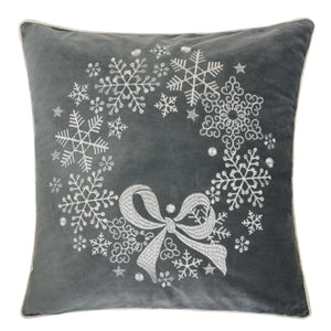 English Elm Gray Velvet Holiday Throw Pillow With Elegant Snowflake Wreath, 20X20 Insert For Seasonal Decor B357P361381
