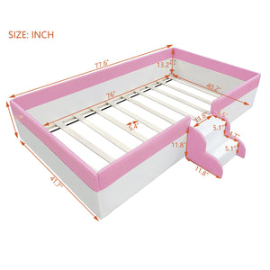 English Elm Twin Upholstered Daybed Frame with Fence & Stairs in Pink+White, PU Comfort, 10 Slats, 300lb Capacity SF000153AAH