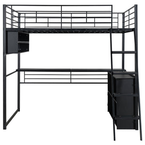 English Elm Full Metal Loft Bed with LED Desk & 4 Shelves, Black – Sturdy Full Frame, Color-Changing Lights, Compact GX000653AAB