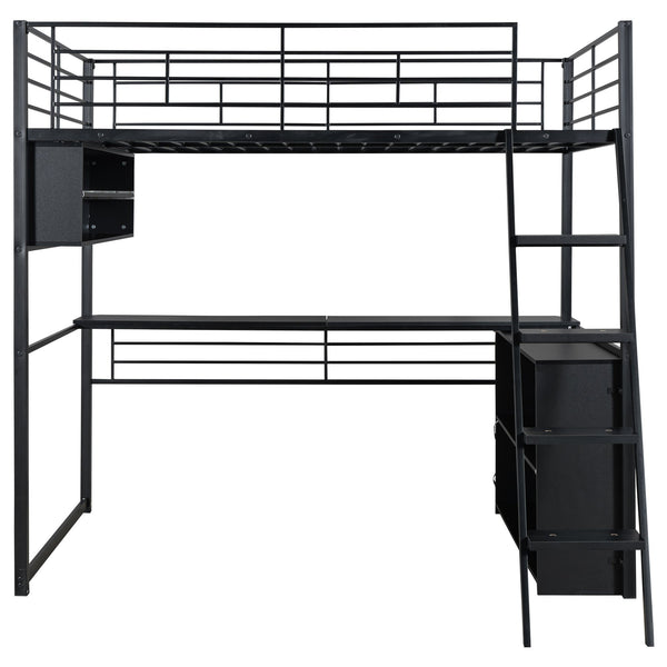 English Elm Full Metal Loft Bed with LED Desk & 4 Shelves, Black – Sturdy Full Frame, Color-Changing Lights, Compact GX000653AAB