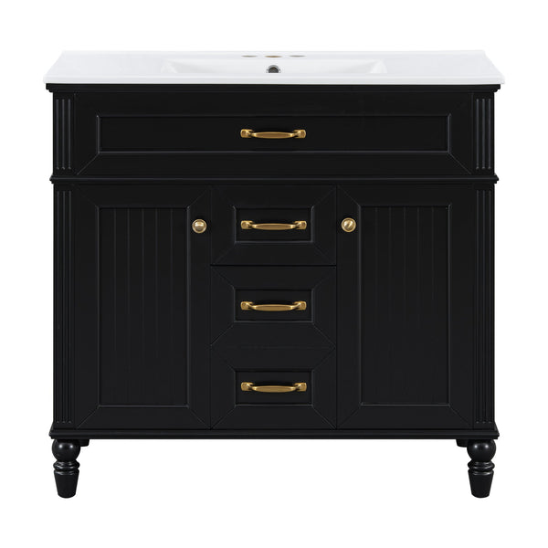English Elm 36 Inch Bathroom Vanity with Ceramic Sink, Durable MDF & Solid Wood Frame, Soft-Close Doors, Luxe Handles, Ample Organized Storage, Modern Freestanding Design Black N725P314034B