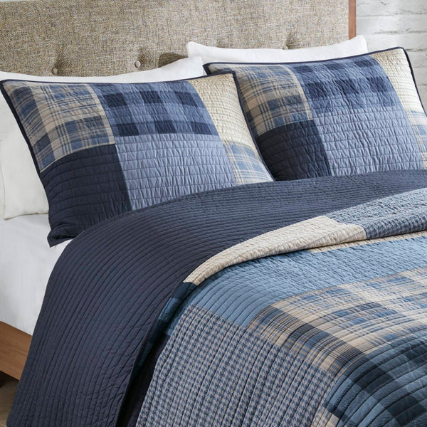English Elm 3-piece Patchwork Cotton Quilt Set Navy Denim Plaid Coastal Bedroom Bedding B035P463257