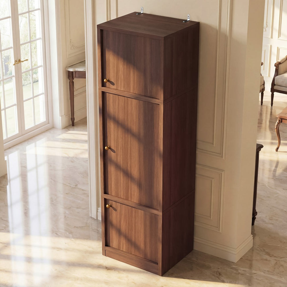 English Elm Tall Slim Freestanding Pantry Cabinet with Adjustable Shelves and Drawer for Small Spaces Walnut B2764P483842