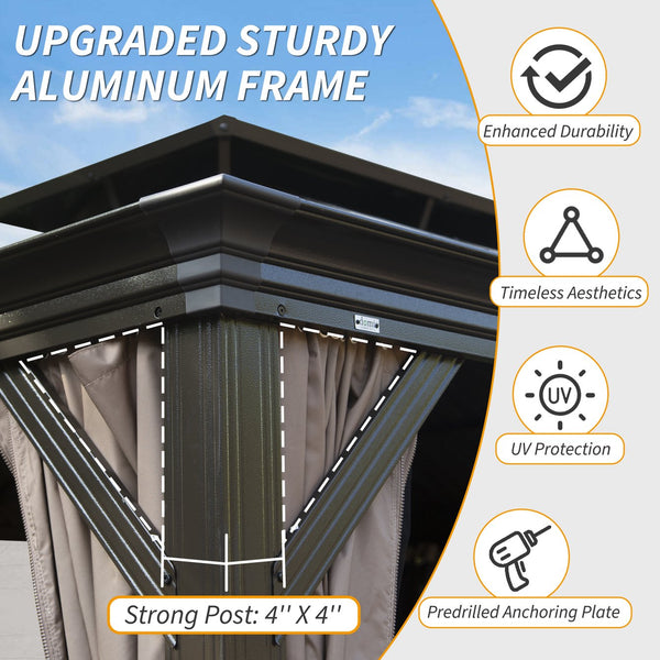 English Elm 12' X 14' Hardtop Gazebo with Drainage, Dual-Layer Galvanized Roof, Curtains & Mesh, Brown - Durable Outdoor Shelter for Patio and Garden (UV, Mosquito-Proof) W1859S00140