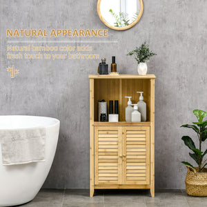 English Elm HOMCOM Bamboo Floor Cabinet Bathroom Organizer Tower with Shelved Storage, Slatted Doors & Elevated Base Natural W2225P216999