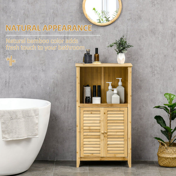 English Elm HOMCOM Bamboo Floor Cabinet Bathroom Organizer Tower with Shelved Storage, Slatted Doors & Elevated Base Natural W2225P216999