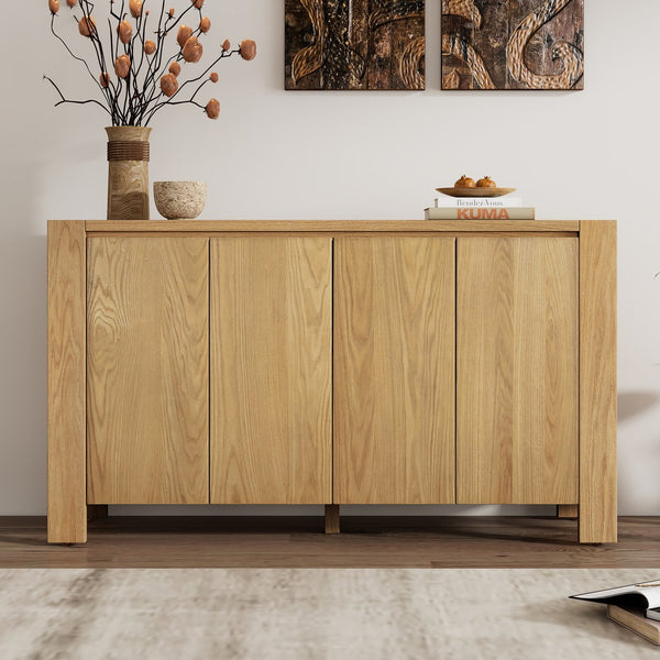 English Elm TREXM 4-Door Buffet Cabinet with Distressed Oak Veneer, Adjustable Shelves & Foot Pads for Dining Room N715P310053D