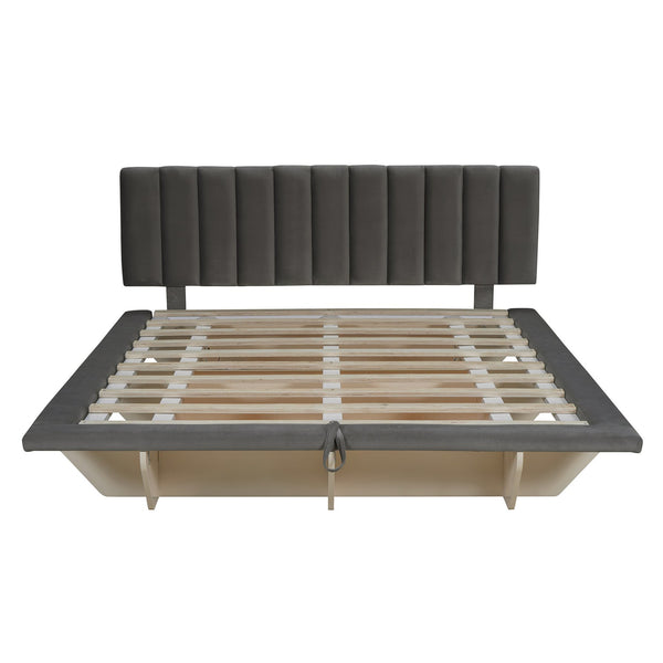 English Elm Queen Upholstered Floating Bed with LED Lighting, Hydraulic Lift, 4 Storage Drawers, Velvet Luxury Gray SF000132AAE