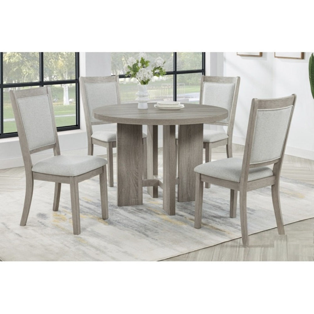 English Elm Farmhouse Round Dining Set 42 Inch Oak Table with Four Upholstered Chairs Seats B011S02196