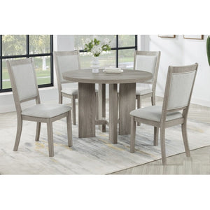 English Elm Farmhouse Round Dining Set 42 Inch Oak Table with Four Upholstered Chairs Seats B011S02196