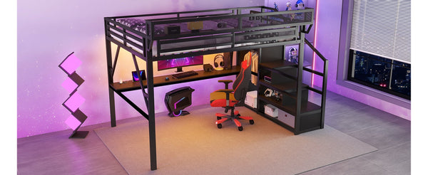 English Elm Queen Metal Loft Bed with Desk Charging Station Rgb Lighting and Storage Stairs W2580S00091