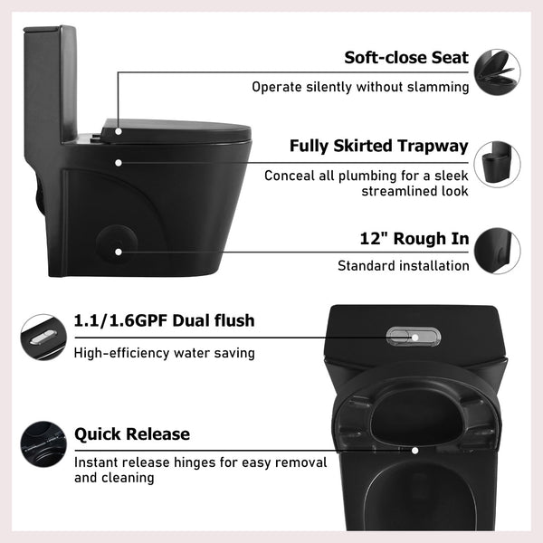 English Elm One-piece Elongated Porcelain Toilet Dual Flush Ada Comfort Height Soft Close Seat Black W1920P420642