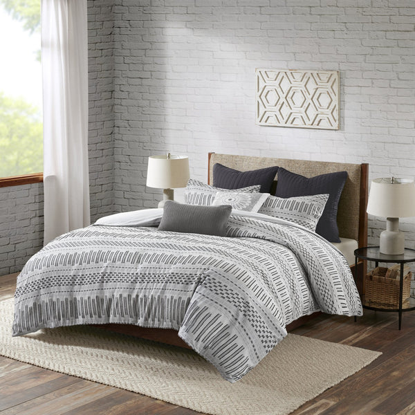 English Elm King/Cal King Rhea Cotton Jacquard Duvet Cover Mini Set – Gray Striped Eyelash Detail, OEKO-TEX Certified Comfort B03596481