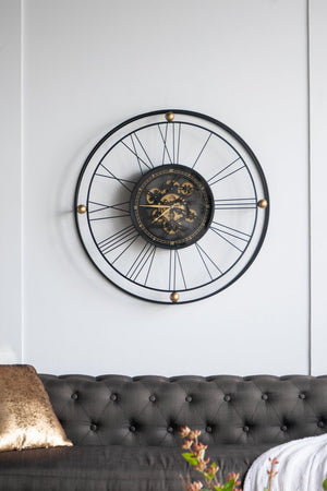 English Elm 31.5x3x31.5" Large Gear Clock with Roman Numerals, Thin Black Iron Frame and Gold Accents, Silent Moving Gears for Living Room Statement Piece W2078P373017