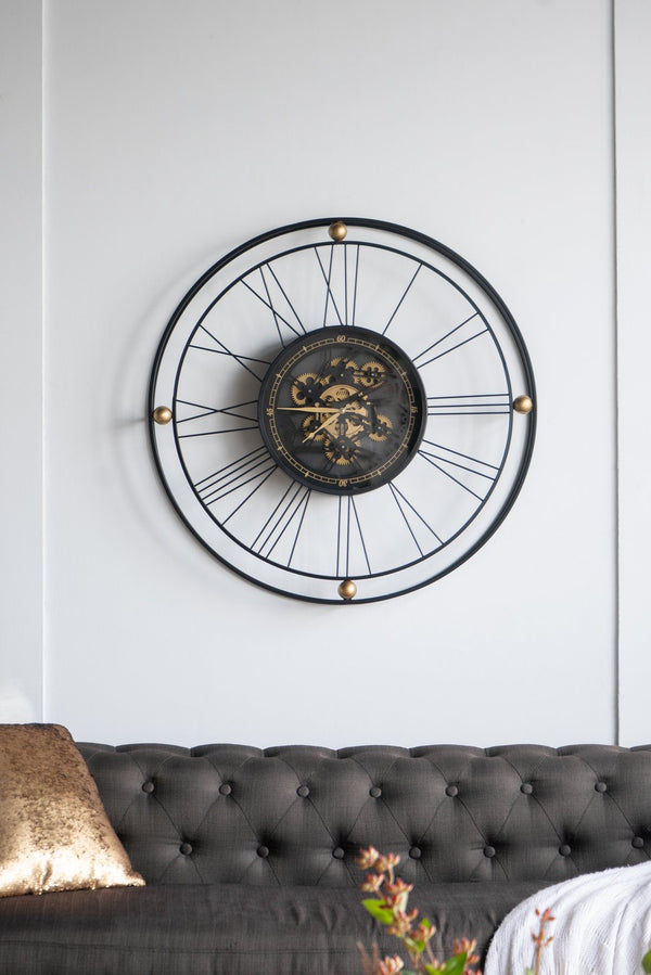English Elm 31.5x3x31.5" Large Gear Clock with Roman Numerals, Thin Black Iron Frame and Gold Accents, Silent Moving Gears for Living Room Statement Piece W2078P373017