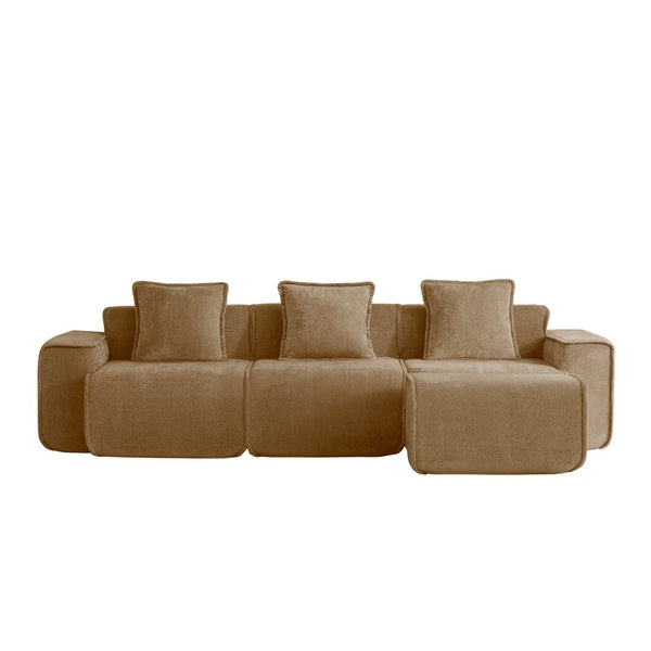 English Elm Streamlined Velvet L-shaped Sectional Sofa with Ottoman and Cloud Cushion Living Room Brown W3041S00373