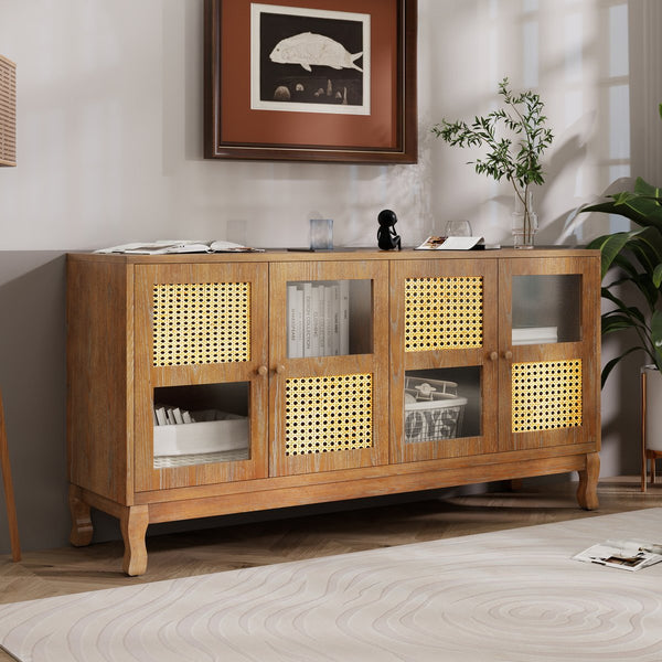 English Elm Retro 4-Door Sideboard with Spacious Adjustable Shelves, Solid Wood Legs, Spray-Painted MDF Finish Antique brown W2696P256248