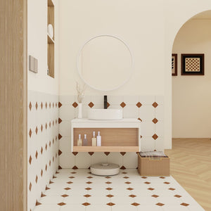 English Elm 30" Floating Wall Mount Bathroom Vanity Open Shelf Ceramic Vessel Sink Modern White W3450S00056