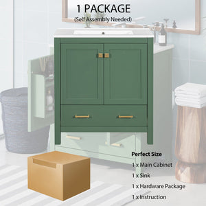 English Elm 30" Green Bathroom Vanity with Undermount Sink, Solid Wood Cabinet, Soft-Close Doors & Drawer Organizer N729P170521F