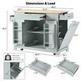 English Elm K&K Fluted Kitchen Island With Trash Can Storage Cabinet, Power Outlet, Internal Storage Rack, Rolling Kitchen Islands On 5 Wheels With 3 Drawer, 3 Open Side Racks For 10 Gallon Garbage Bin,Grey Blue