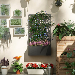 English Elm Outsunny Powder Coated Metal Raised Garden Bed with Trellis and Decorative Tree Panel W2225P485561