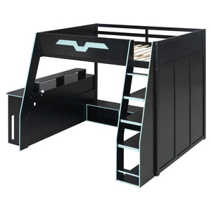 English Elm Full Size Wood Loft Bed with Rgb Lighting Desk and Multi-tier Shelves for Gaming Blue LT000374AAC
