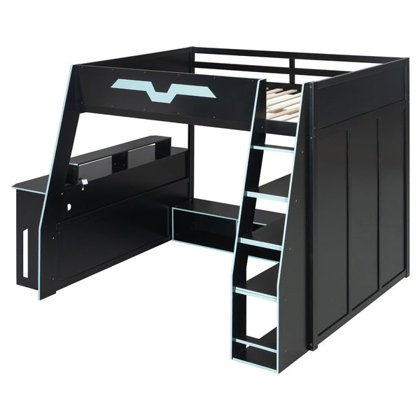 English Elm Full Size Wood Loft Bed with Rgb Lighting Desk and Multi-tier Shelves for Gaming Blue LT000374AAC