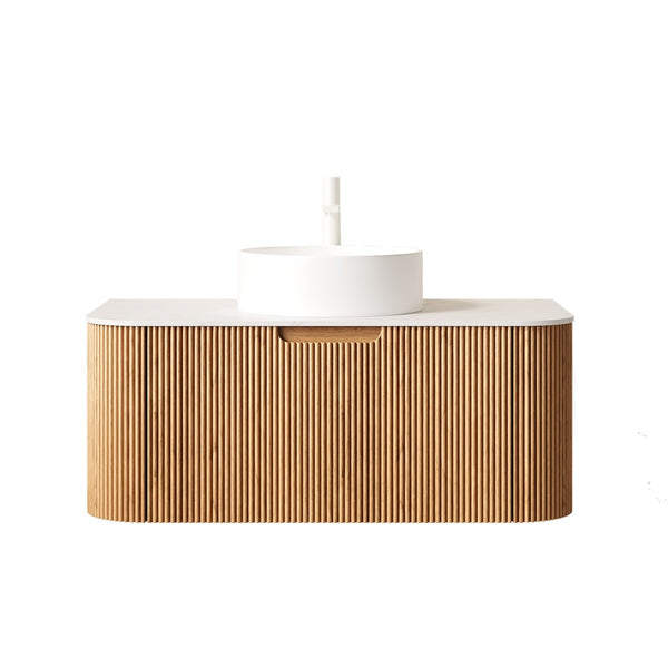 English Elm Dina Floating Bathroom Vanity Sintered Stone Top Glass Basin Striped Plywood Cabinet W2615S00438