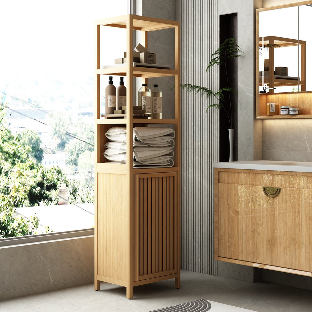 English Elm Storage Tall Slim Cabinet Bamboo Linen Tower with Shutter Door, 3-Tier Shelves, Humidity-Resistant Freestanding Organizer W2207P198058