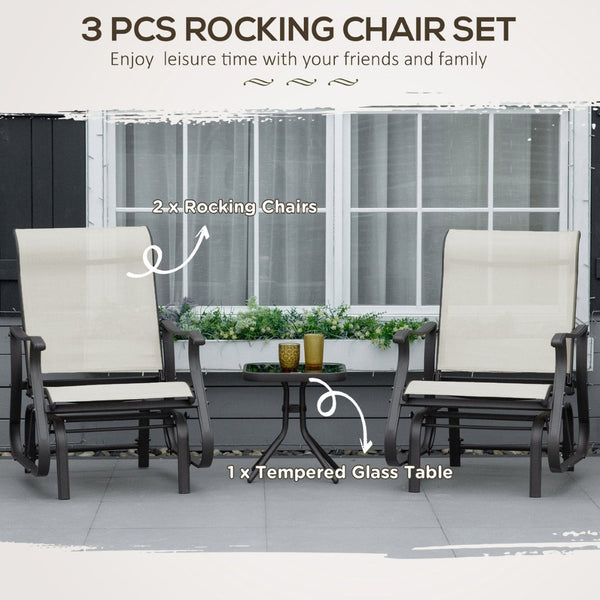 English Elm Outsunny 3-Piece Cream White Glider Bistro Set With Steel Frame & Tempered Glass Table For Patio Fun W2225P200856-GIGA