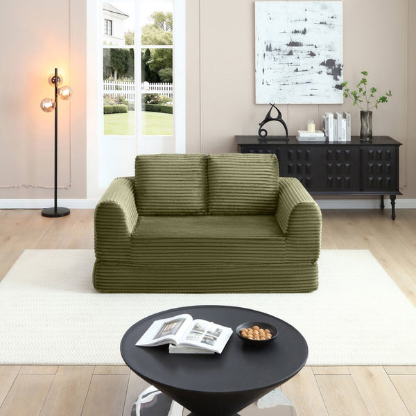 English Elm 2-in-1 Corduroy Futon Sofa Sleeper Modular Floor Couch for Studio and Guest Living Spaces Green W1117S00372