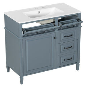 English Elm 36-Inch Modern Bathroom Vanity With Ceramic Sink Top, Storage Drawers, And Stylish Blue Gray Finish N725P350849E