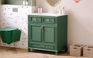 English Elm 30'' Bathroom Vanity with Sink - Retro Solid Wood Frame, Ceramic Basin, Soft-Close Doors & Ample Storage Green N710P190656F