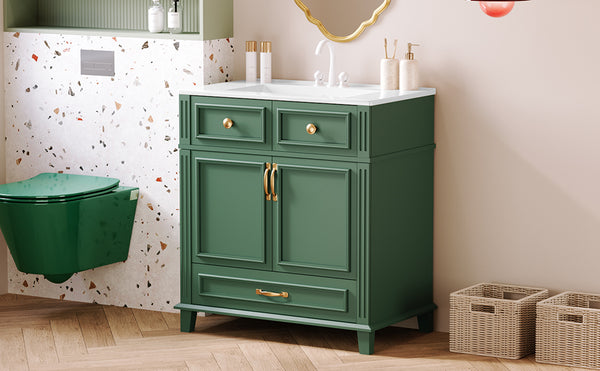 English Elm 30'' Bathroom Vanity with Sink - Retro Solid Wood Frame, Ceramic Basin, Soft-Close Doors & Ample Storage Green N710P190656F