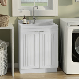 English Elm Murphy Beadboard Laundry Sink Cabinet with Deep Abs Basin and Chrome Faucet Included B136P427217