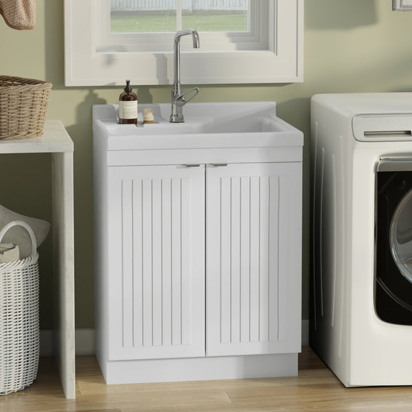 English Elm Murphy Beadboard Laundry Sink Cabinet with Deep Abs Basin and Chrome Faucet Included B136P427217