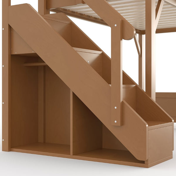 English Elm Twin Low Loft Bed Solid Pine Frame Kids Study Desk Blackboard Storage White Antique Natural W1580S00553
