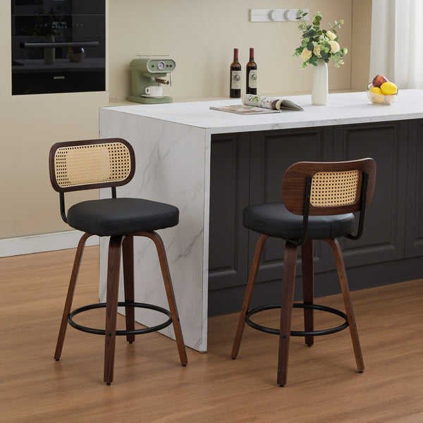 English Elm Set of 2 Rattan Counter Stools with Cane Back and PU Upholstery, 360° Swivel, Walnut Craftsmanship Black W1143P300157