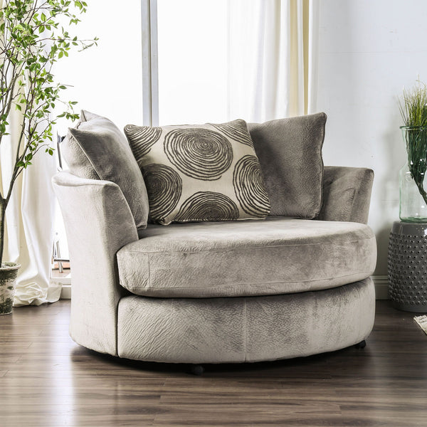 English Elm Gray Velvet Swivel Round Chair with Plush T-Cushion, Flared Arms and Accent Pillows for Cozy Living Room Gray 60 L x 60 W x 40 H B2741P375956