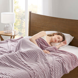 JLA Home Madison Park - Blanket Plush polyester grid design, OEKO-TEX certified, lightweight all-season throw for cozy modern livingroom comfort Red MP51-8416