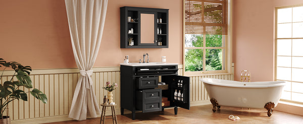 English Elm 36'' Modern Bathroom Vanity Set With Mirror, 2 Drawers, Tip-Out Storage & 6 Open Shelves For Organization N710S236006B