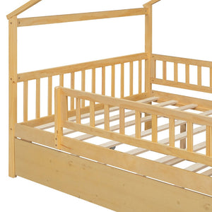 English Elm Full Size Pine House Bed with Roofline Frame and Roll Out Twin Trundle for Kids Natural LP100306AAN
