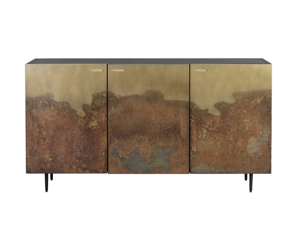 Sunpan Auburn Sideboard: Exquisite Antique Brass Design with Ombre Patina, Black Metal Frame, Handcrafted Charm