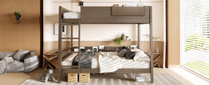 English Elm Queen Over Bunk Bed Pine Frame with Built in Shelving Detachable Vintage Style Brown W5316S00015