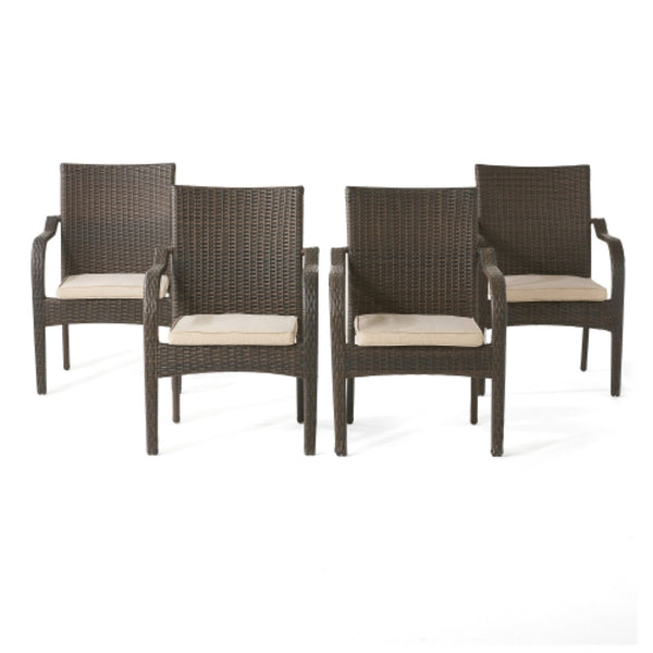 English Elm Outdoor Wicker Patio Chair Set of Four Stackable Iron Frame with Cushions N769P334782A