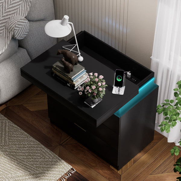 English Elm Nightstand with Sliding Top, Built-In Charging Station & RGB LED Mood Lights, 3 Drawers Stylish Black W1162P320229