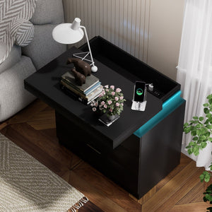 English Elm Nightstand with Built-in Charging Station Rgb Led Lighting and Sliding Top Drawer Black W1162P246397